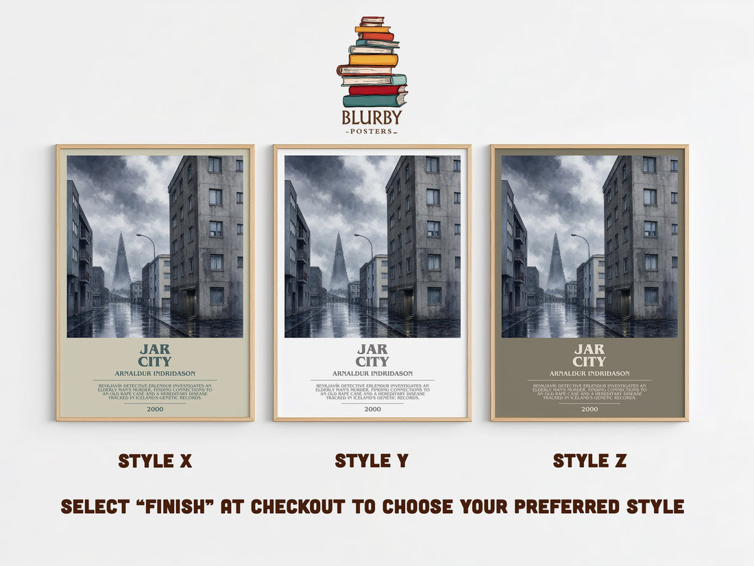 Jar City bookish print in frame leaning in hallway – crime wall art (mockup)