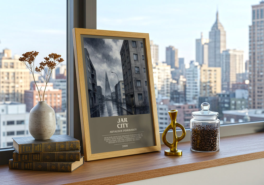 Jar City bookish print framed by window – literary home decor