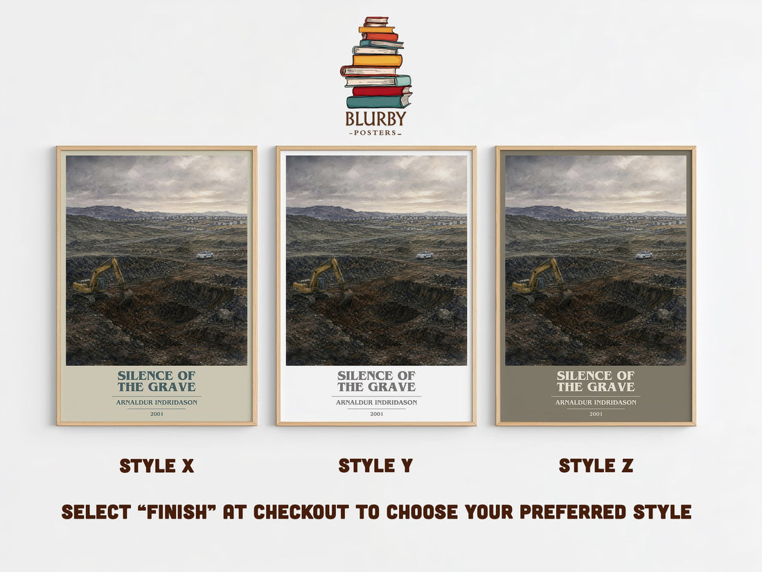 Silence of the Grave book cover print in frame leaning in hallway – crime wall art (mockup)