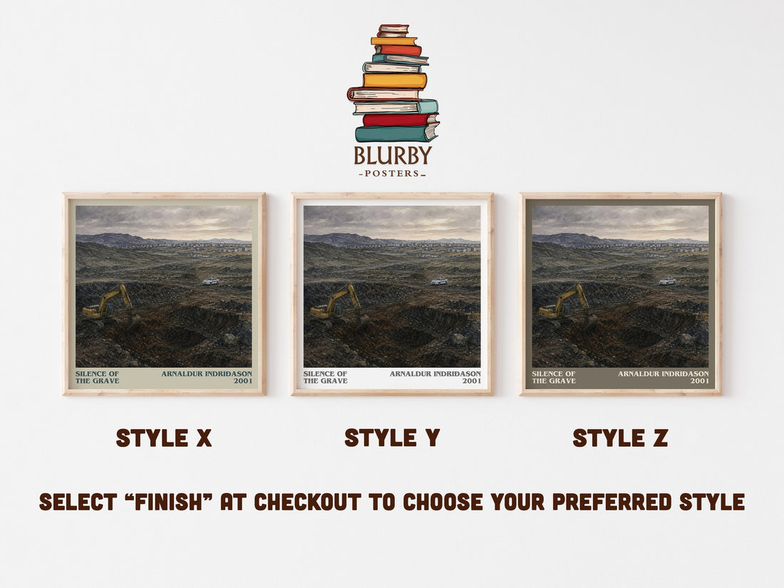 Silence of the Grave literary print in frame leaning in hallway – crime wall art (mockup)