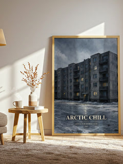 Arctic Chill watercolour print in frame leaning in hallway – crime wall art