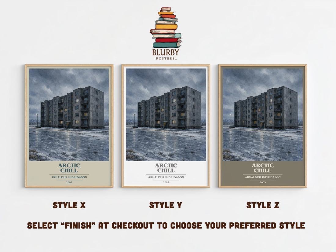 Arctic Chill book cover print in frame leaning in hallway – crime wall art (mockup)