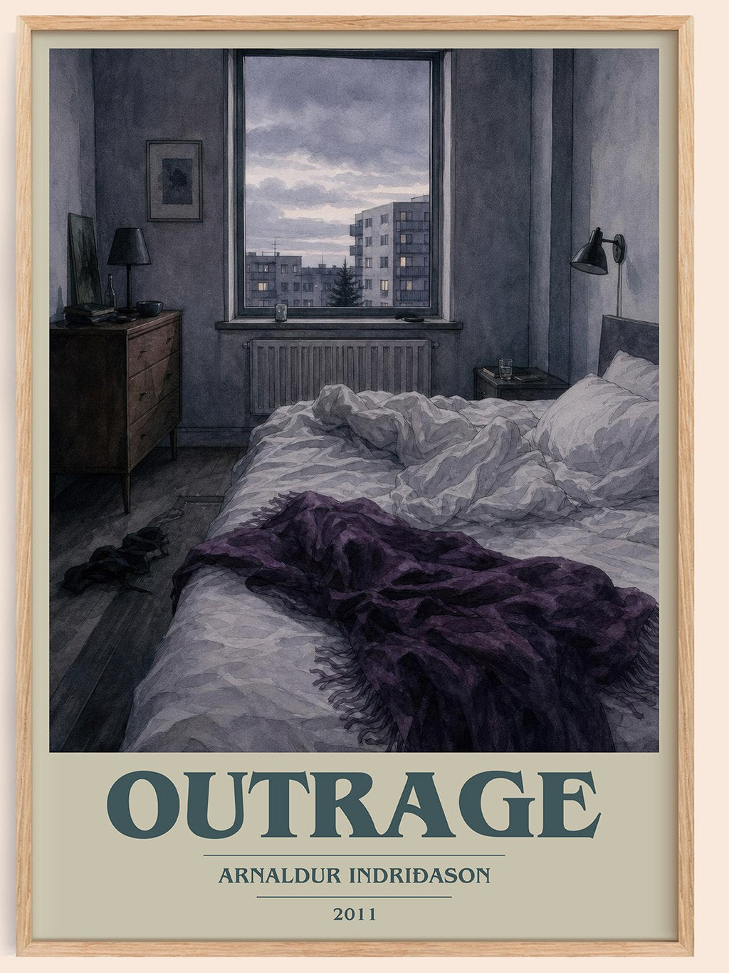 Outrage book cover book poster by Arnaldur Indriðason – framed literary art print