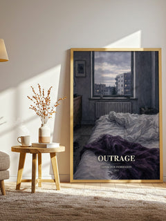Outrage watercolour print in frame leaning in hallway – crime wall art