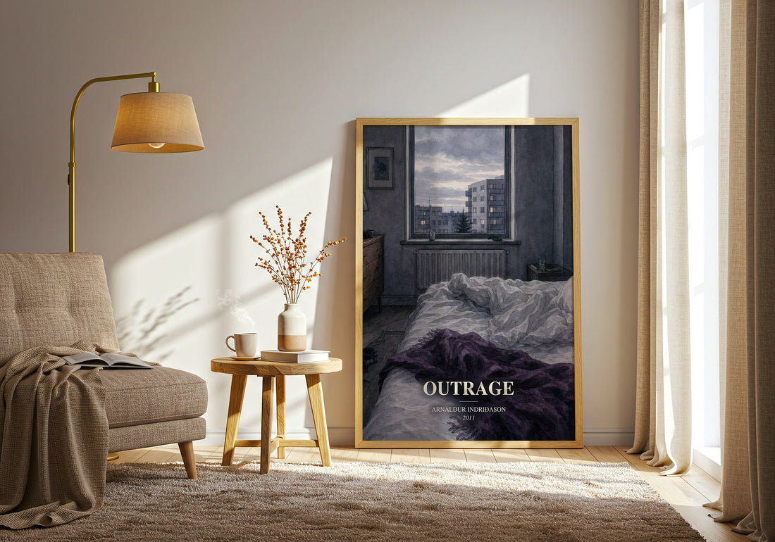 Outrage watercolour print in frame leaning in hallway – crime wall art (mockup)