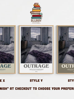 Outrage book cover print in frame leaning in hallway – crime wall art