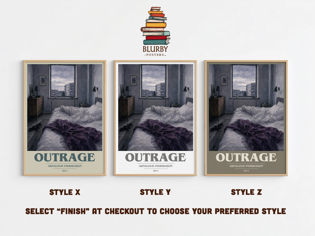 Outrage book cover print in frame leaning in hallway – crime wall art (mockup)