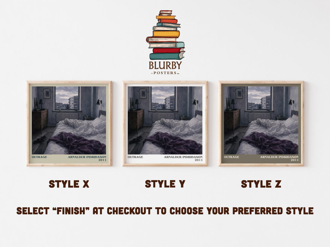 Outrage literary print in frame leaning in hallway – crime wall art (mockup)