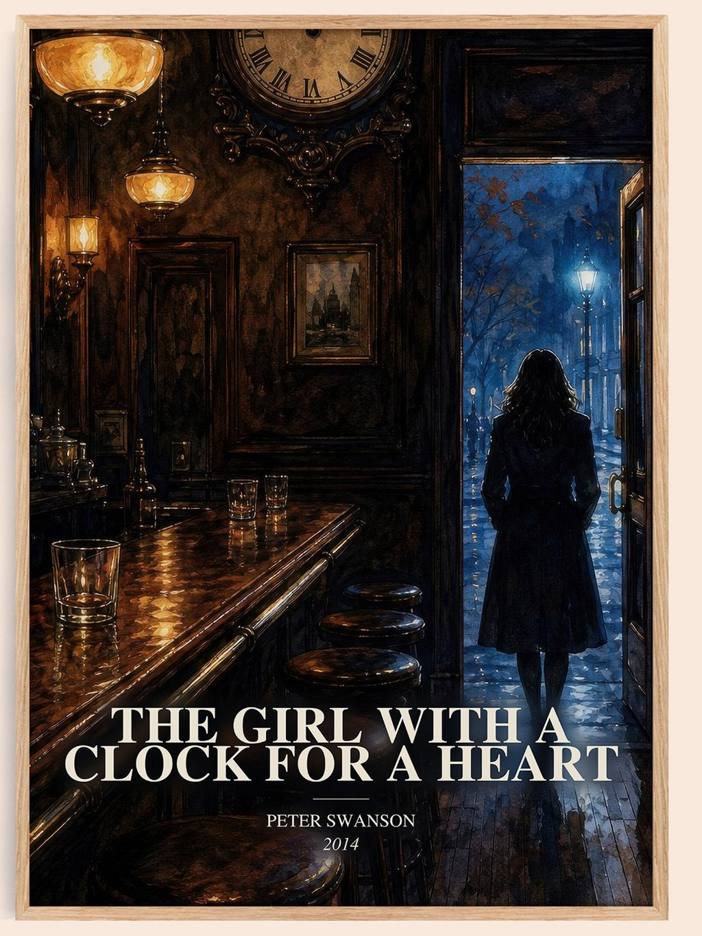 The Girl with a Clock for a Heart watercolour book poster by Peter Swanson – framed literary art print