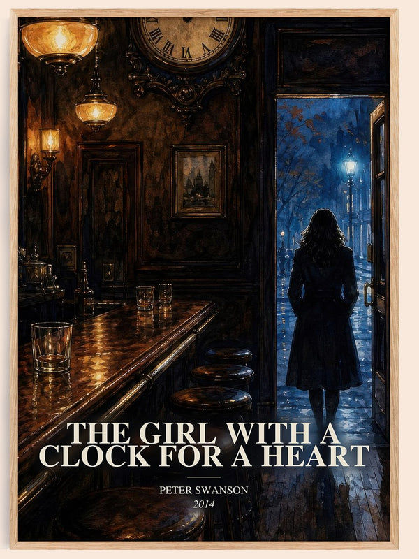 The Girl with a Clock for a Heart watercolour book poster by Peter Swanson – framed literary art print