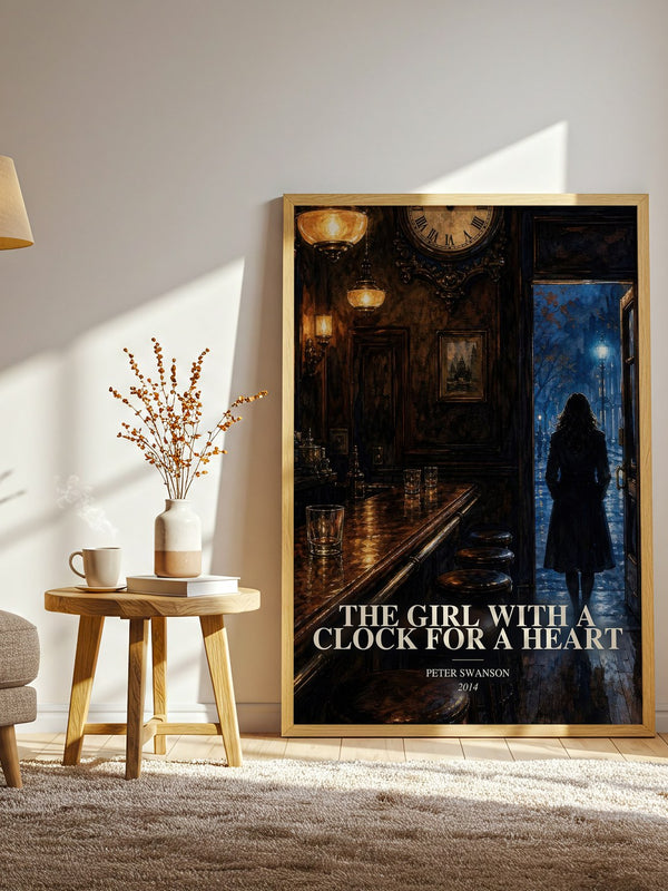 The Girl with a Clock for a Heart watercolour print in frame leaning in hallway – thriller wall art