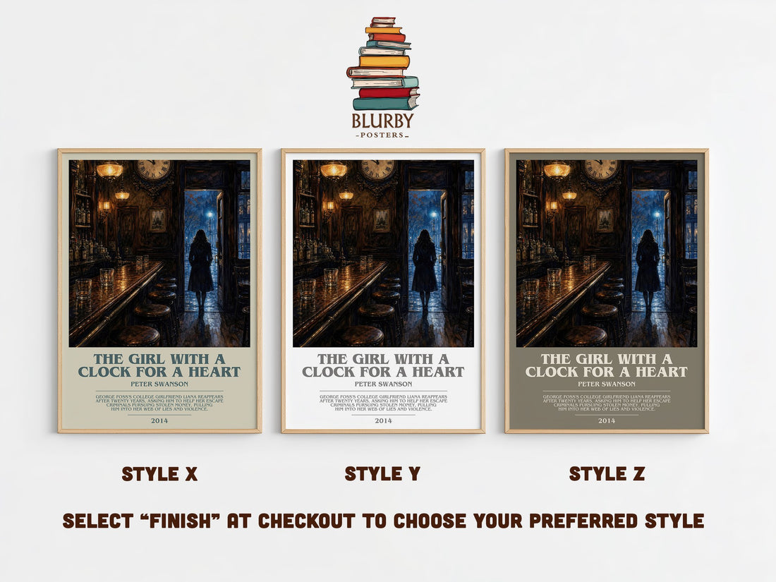 The Girl with a Clock for a Heart bookish print in frame leaning in hallway – thriller wall art (mockup)