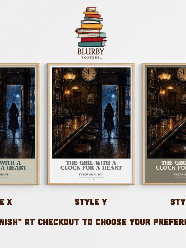 The Girl with a Clock for a Heart book cover print in frame leaning in hallway – thriller wall art