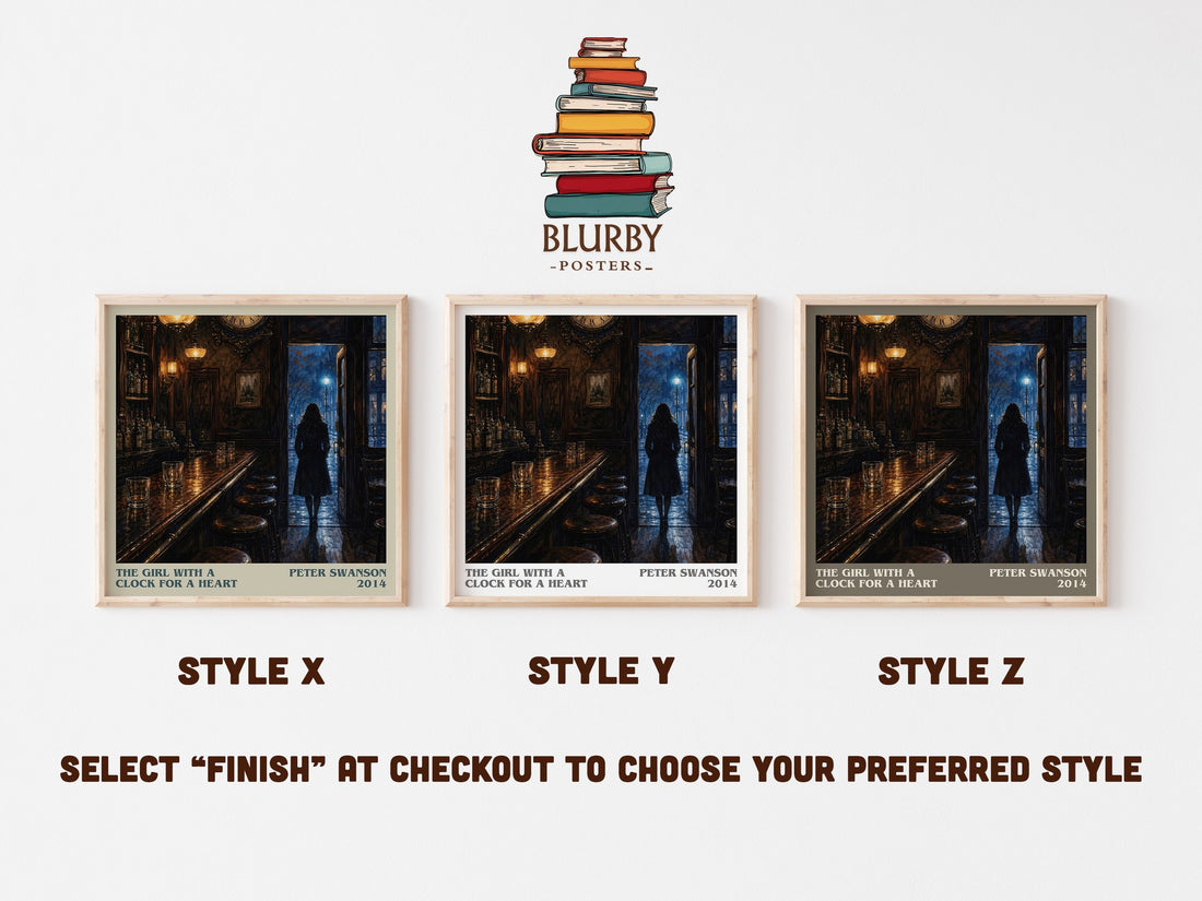 The Girl with a Clock for a Heart literary print in frame leaning in hallway – thriller wall art (mockup)