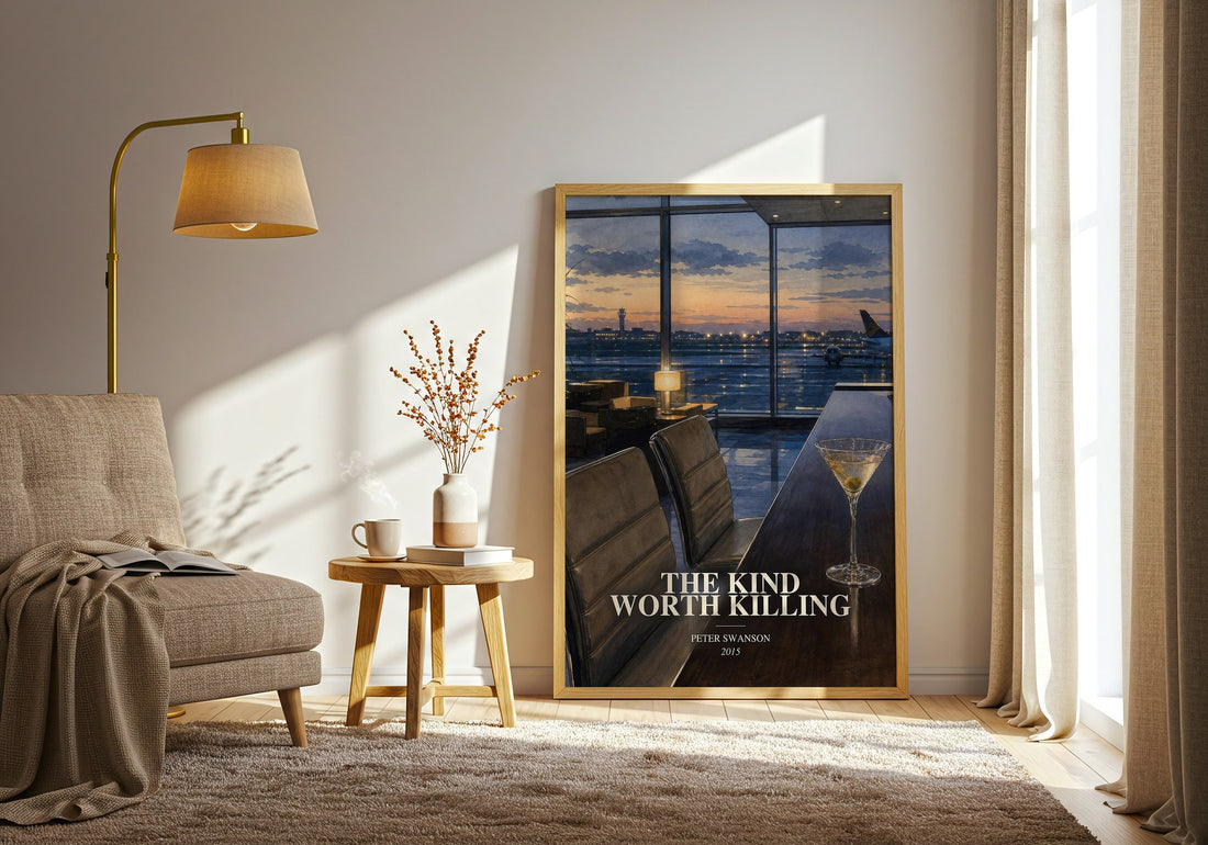 The Kind Worth Killing watercolour print in frame leaning in hallway – thriller wall art (mockup)