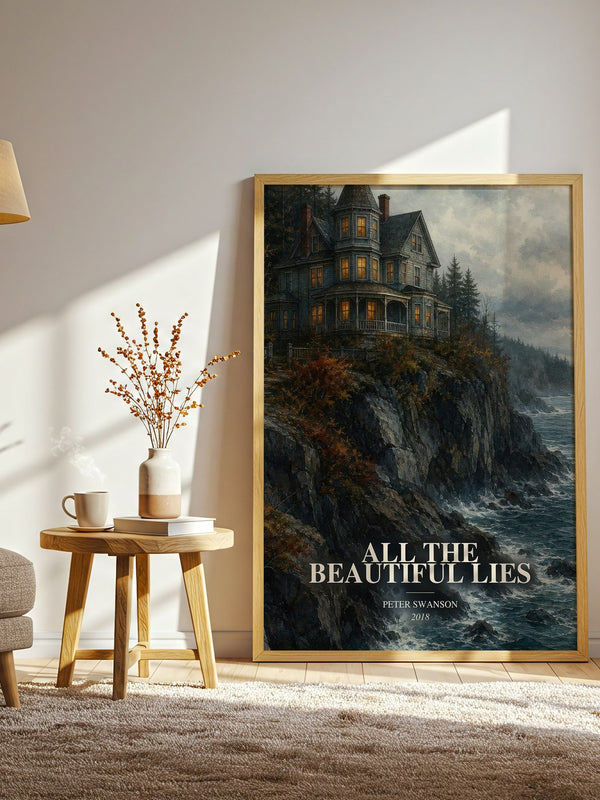 All the Beautiful Lies watercolour print in frame leaning in hallway – thriller wall art