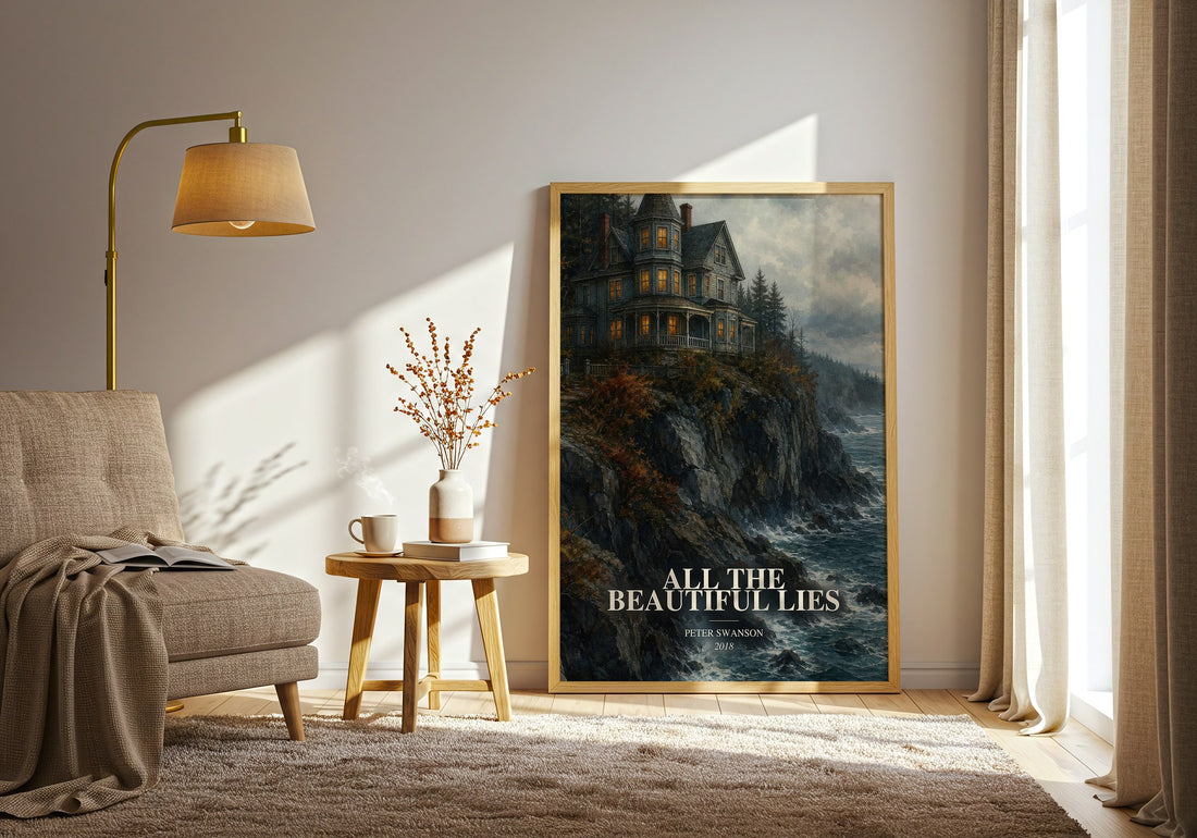 All the Beautiful Lies watercolour print in frame leaning in hallway – thriller wall art (mockup)