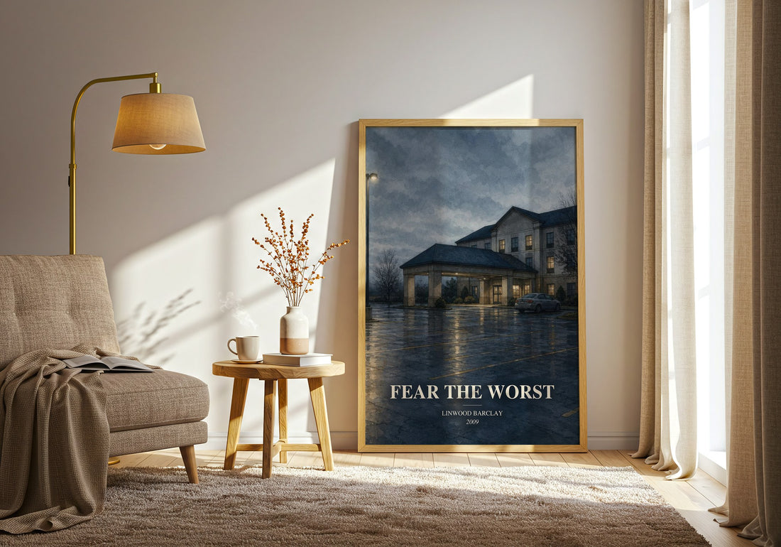 Fear the Worst watercolour print in frame leaning in hallway – thriller wall art (mockup)