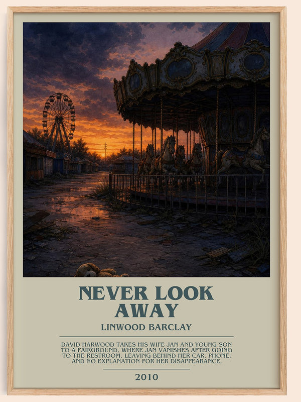 Never Look Away bookish book poster by Linwood Barclay – framed literary art print