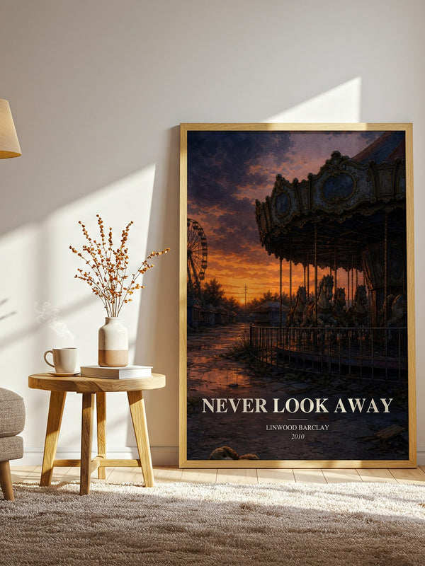 Never Look Away watercolour print in frame leaning in hallway – thriller wall art