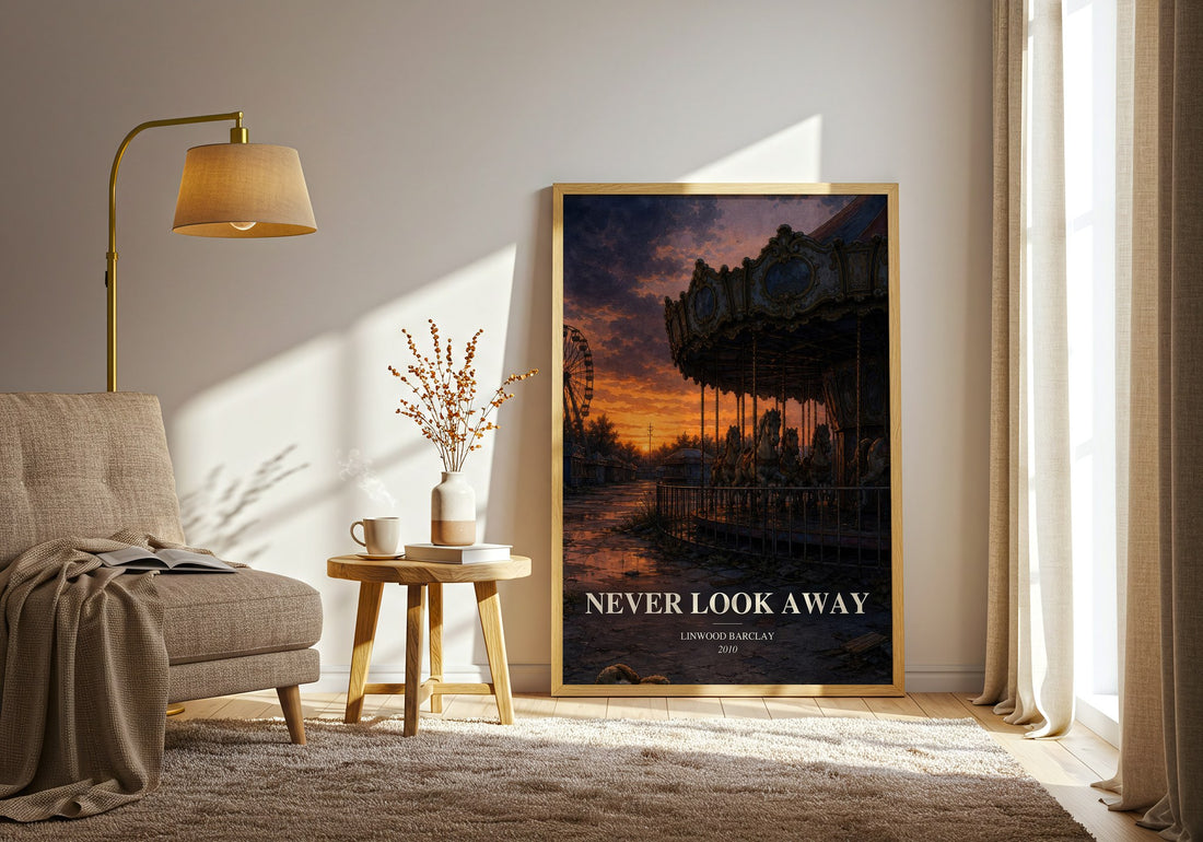 Never Look Away watercolour print in frame leaning in hallway – thriller wall art (mockup)