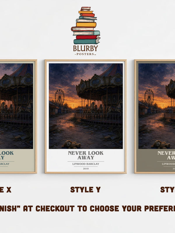 Never Look Away book cover print in frame leaning in hallway – thriller wall art