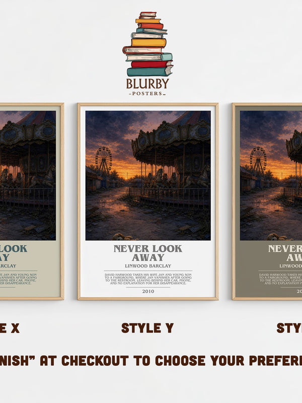 Never Look Away bookish print in frame leaning in hallway – thriller wall art