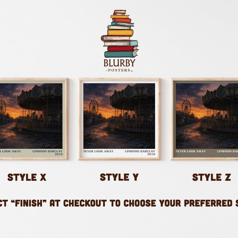 Never Look Away literary print in frame leaning in hallway – thriller wall art