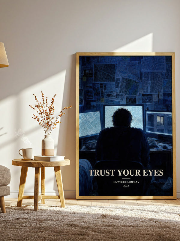 Trust Your Eyes watercolour print in frame leaning in hallway – thriller wall art