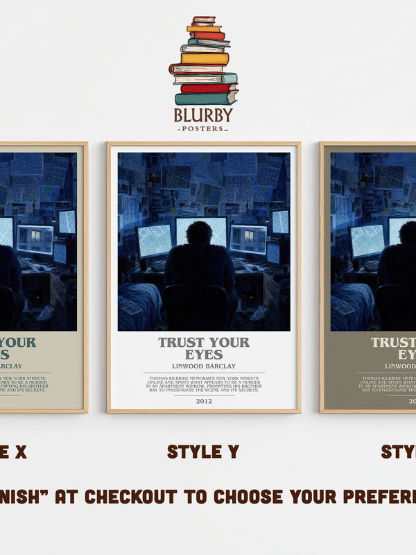 Trust Your Eyes bookish print in frame leaning in hallway – thriller wall art