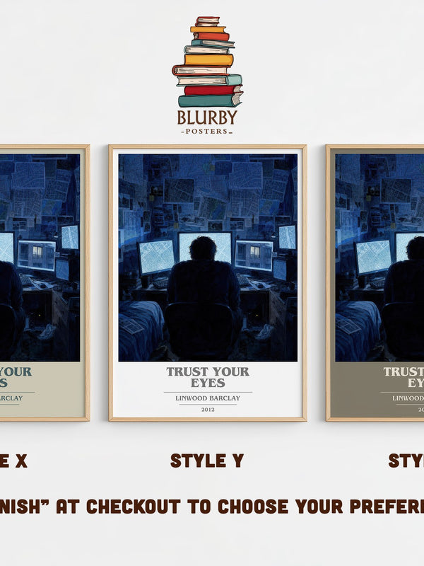 Trust Your Eyes book cover print in frame leaning in hallway – thriller wall art