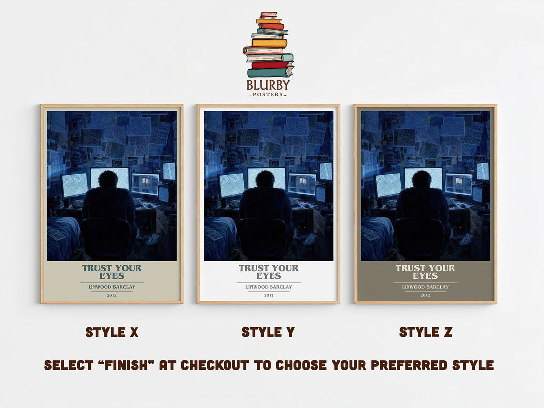 Trust Your Eyes book cover print in frame leaning in hallway – thriller wall art (mockup)
