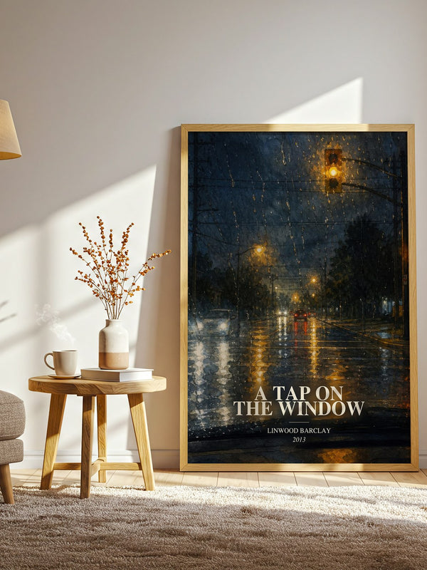 A Tap on the Window watercolour print in frame leaning in hallway – thriller wall art