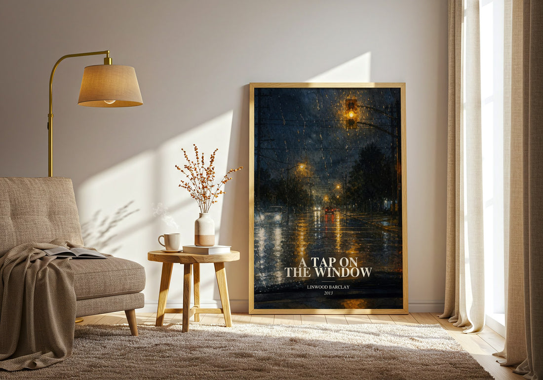 A Tap on the Window watercolour print in frame leaning in hallway – thriller wall art (mockup)