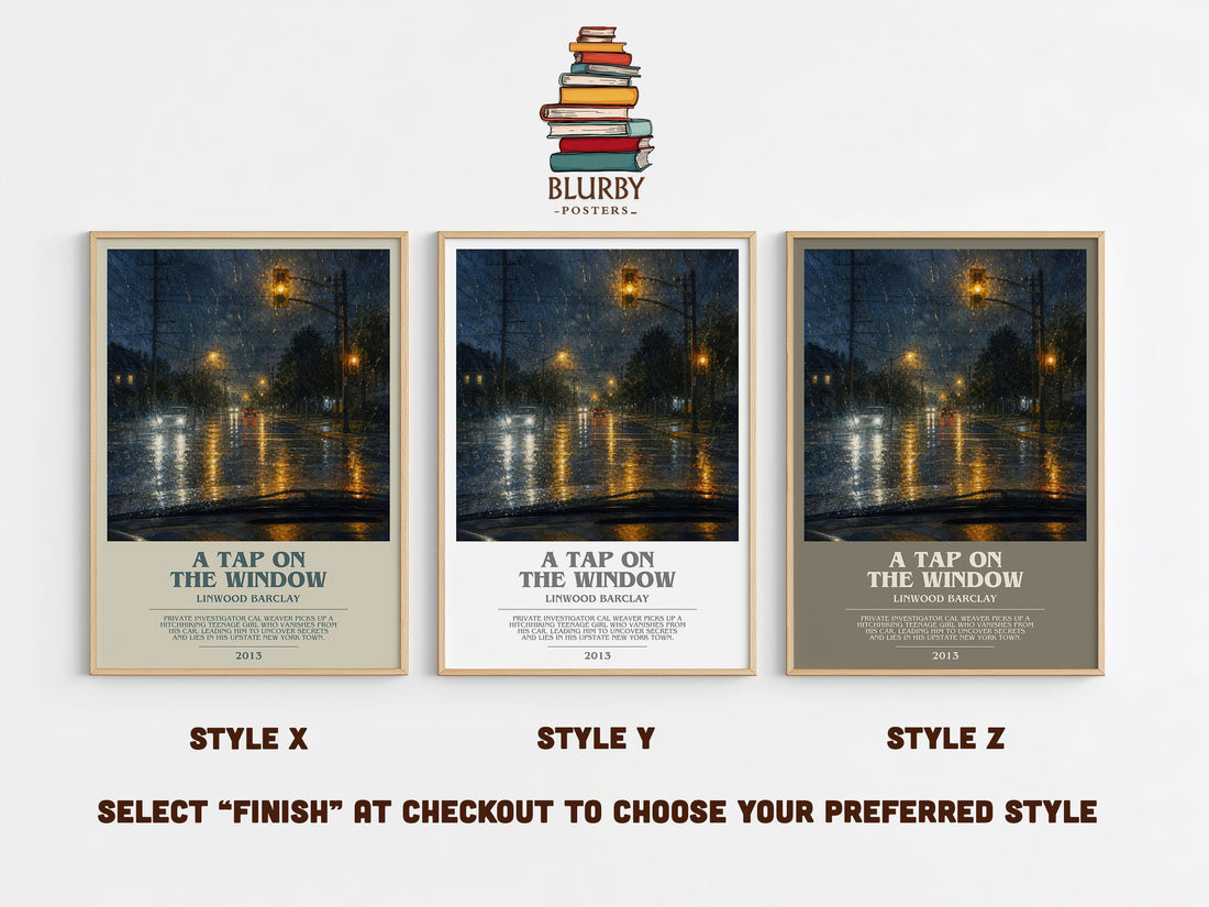 A Tap on the Window bookish print in frame leaning in hallway – thriller wall art (mockup)