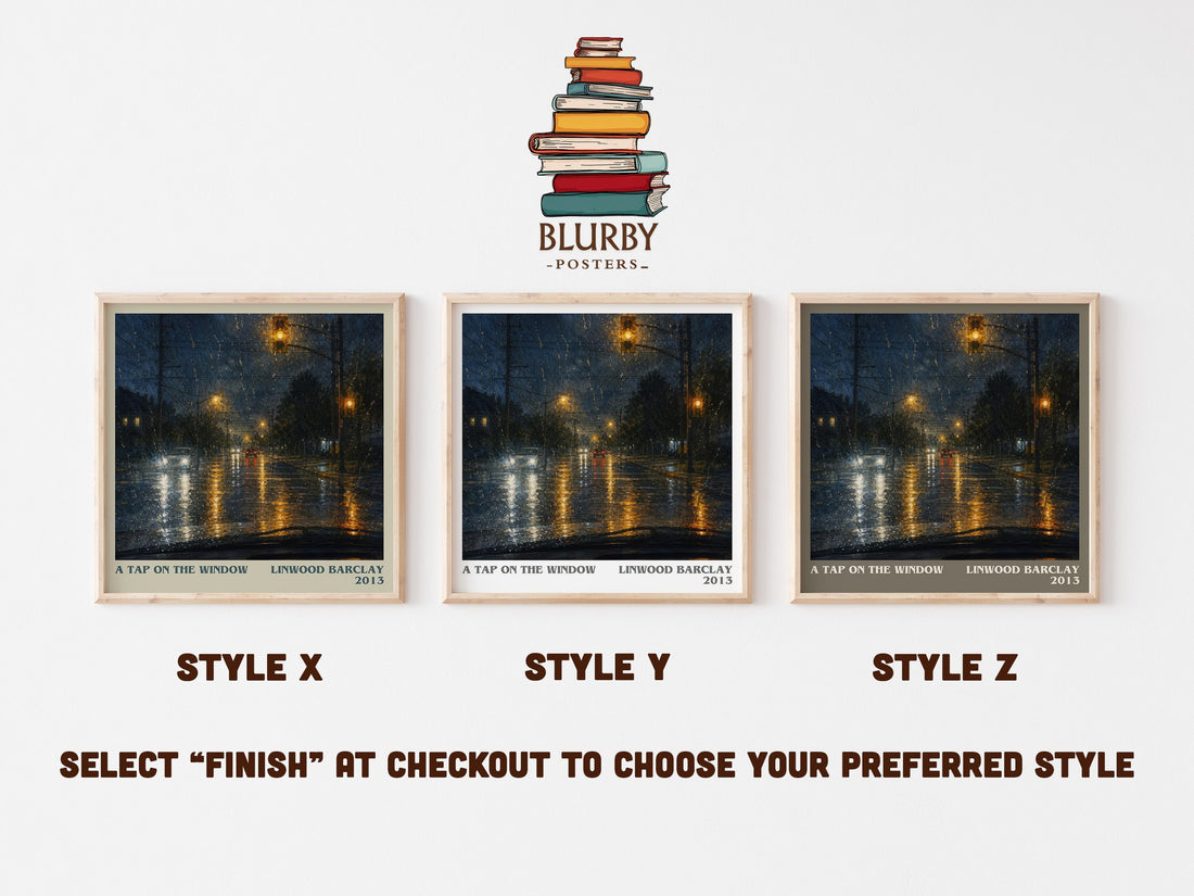 A Tap on the Window literary print in frame leaning in hallway – thriller wall art (mockup)