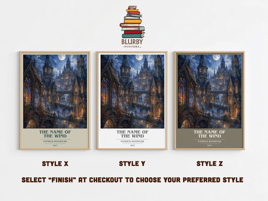 The Name of the Wind book cover print in frame leaning in hallway – fantasy wall art (mockup)