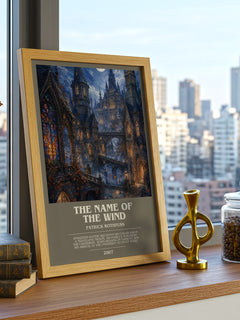 The Name of the Wind bookish print framed by window – literary home decor