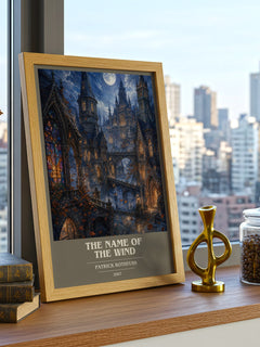 The Name of the Wind book cover print framed by window – literary home decor