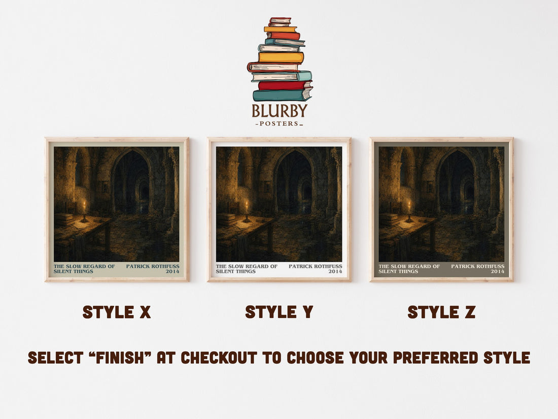 The Slow Regard of Silent Things literary print in frame leaning in hallway – fantasy wall art (mockup)