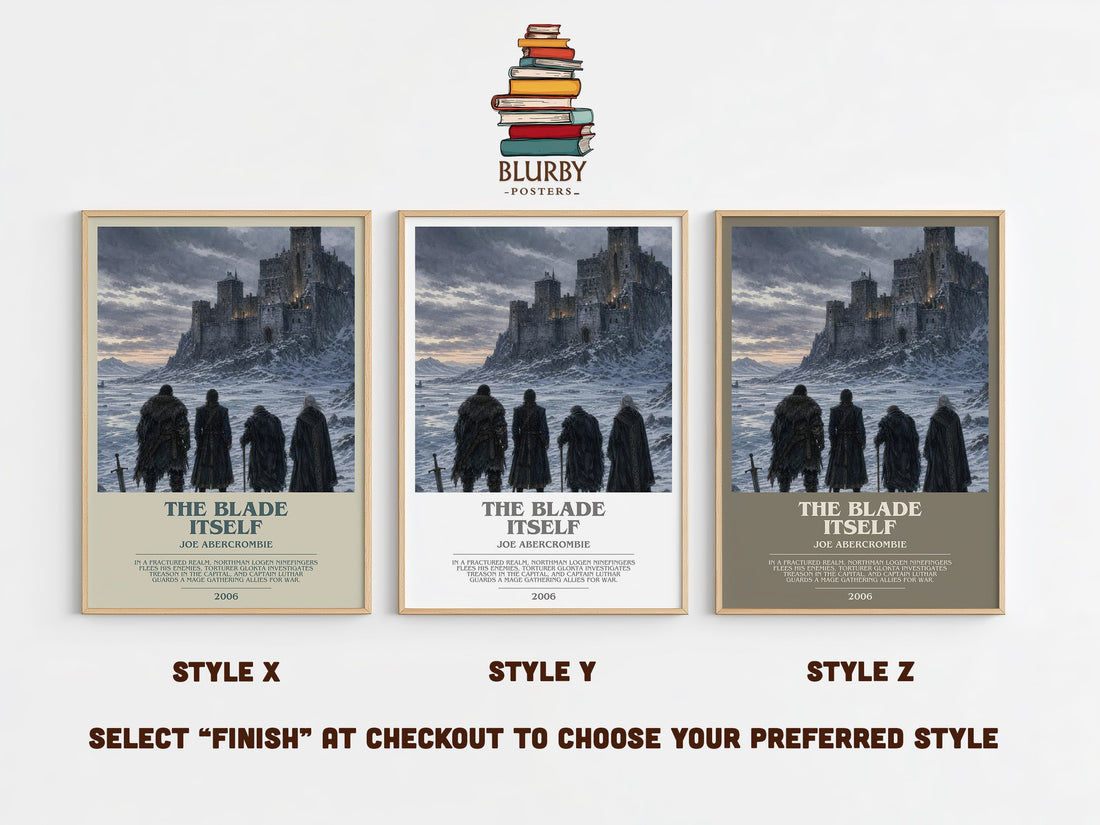 The Blade Itself bookish print in frame leaning in hallway – fantasy wall art (mockup)