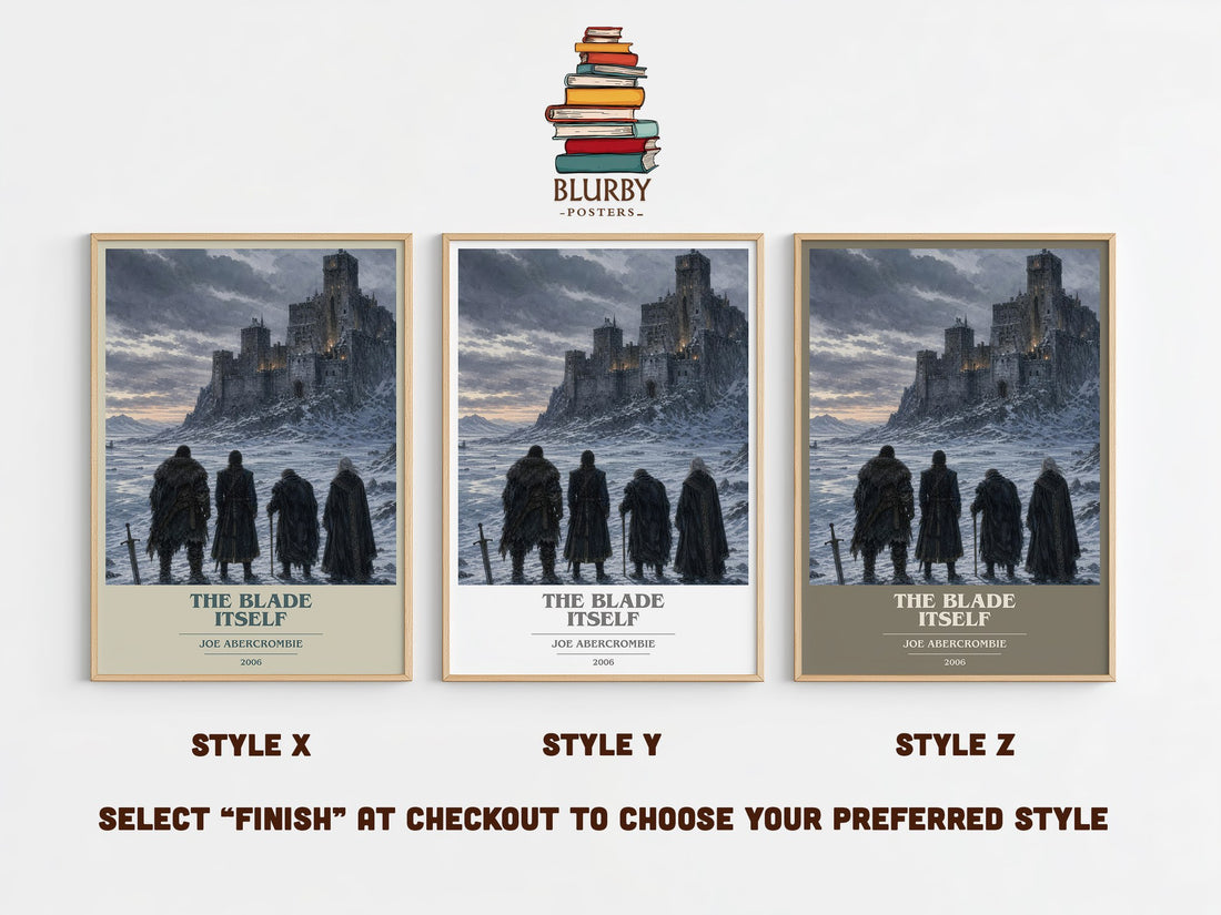 The Blade Itself book cover print in frame leaning in hallway – fantasy wall art (mockup)