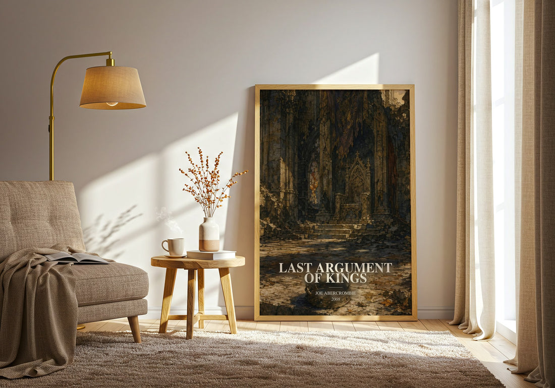 Last Argument of Kings watercolour print in frame leaning in hallway – fantasy wall art (mockup)