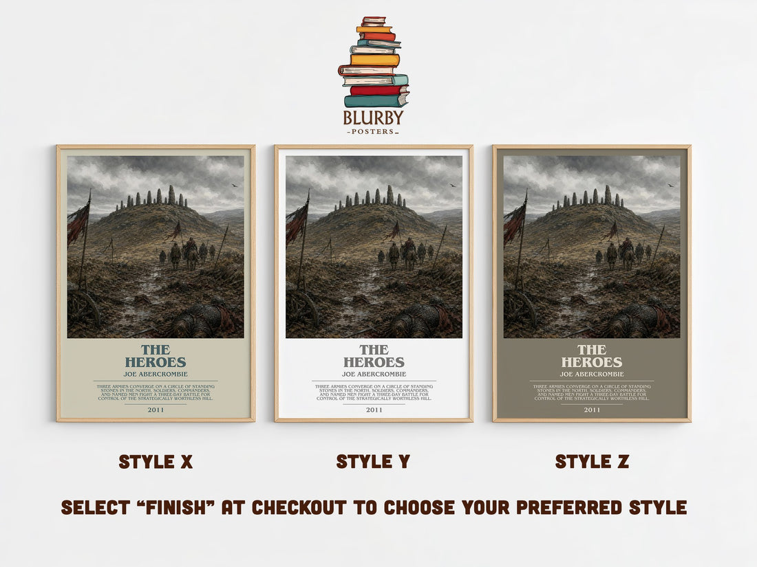 The Heroes bookish print in frame leaning in hallway – fantasy wall art (mockup)