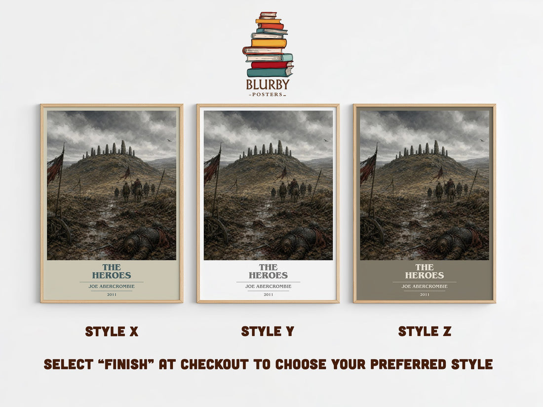 The Heroes book cover print in frame leaning in hallway – fantasy wall art (mockup)