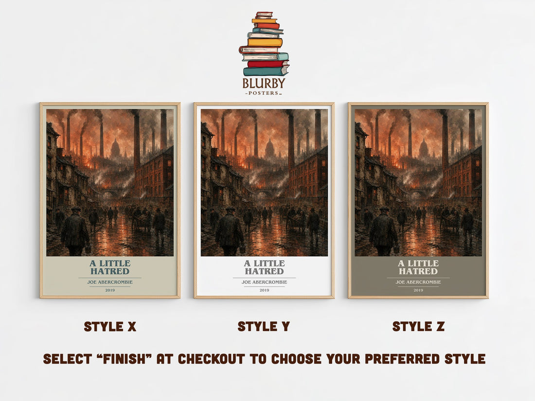 A Little Hatred book cover print in frame leaning in hallway – fantasy wall art (mockup)