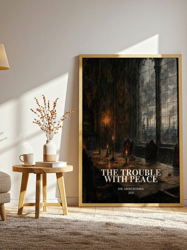 The Trouble with Peace watercolour print in frame leaning in hallway – fantasy wall art