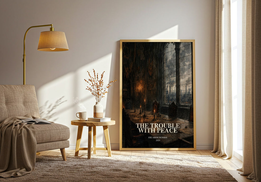 The Trouble with Peace watercolour print in frame leaning in hallway – fantasy wall art (mockup)