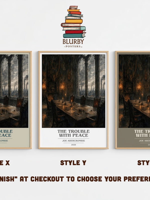 The Trouble with Peace book cover print in frame leaning in hallway – fantasy wall art