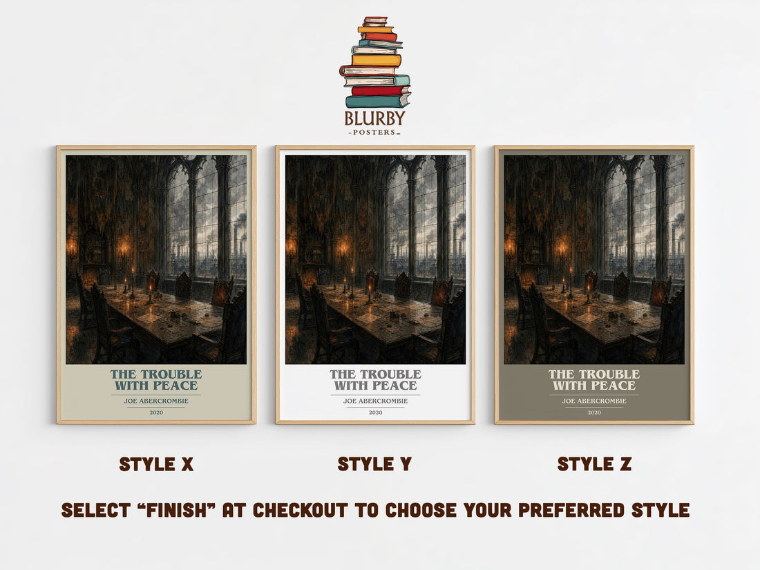 The Trouble with Peace book cover print in frame leaning in hallway – fantasy wall art (mockup)